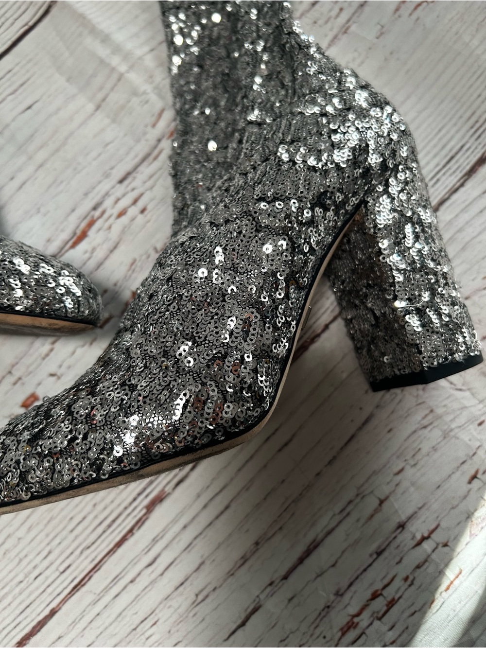 Dolce & Gabbana Silver Sequin Knee-High Block Heel Sock Boots Sz 37 - Picture 3 of 16
